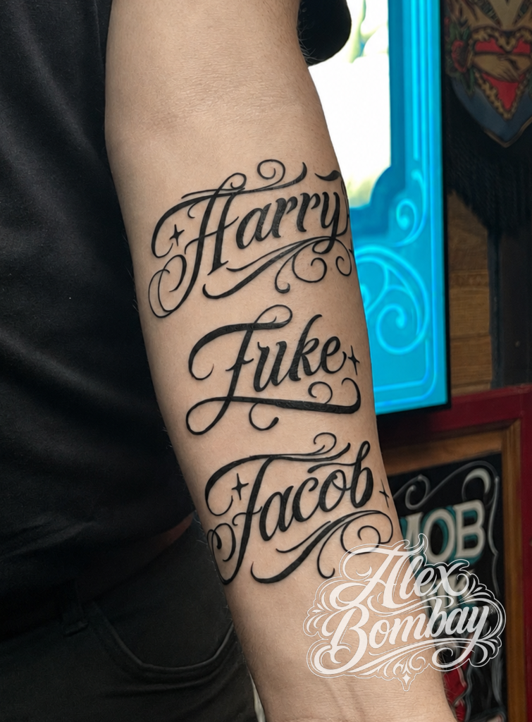 Custom script name tattoos fine line forearm sleeve by Alex Bombay — Tattoo Mania Studio Athlone Ireland | Athlone Tattoo Studio / Tattooing By Alex Bombay — Keeping The World Colorful Since 1982