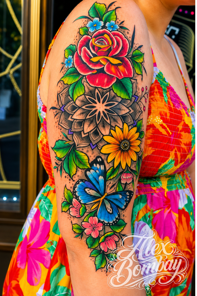Full colour flower and butterfly sleeve tattoo by Alex Bombay — Tattoo Mania Studio Athlone Ireland | Athlone Tattoo Studio / Tattooing By Alex Bombay — Keeping The World Colorful Since 1982