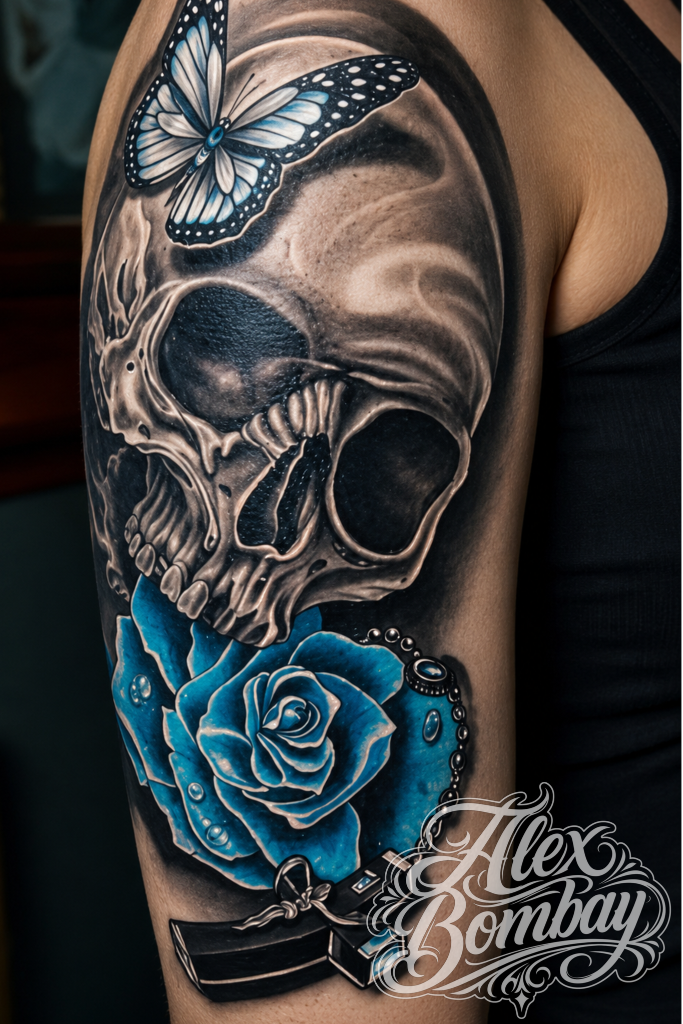 Skull and rose black and grey realism tattoo — Alex Bombay Tattoos Athlone tattoo — custom skull tattoos Ireland — Tattoo Mania Studio | Athlone Tattoo Studio — Best Tattoos in Ireland