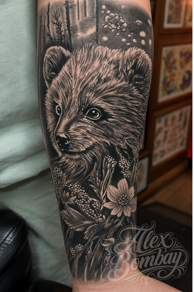 Memorial portrait black and grey realism sleeve tattoo — Alex Bombay Tattoos Athlone tattoo — realistic tattoos Ireland — Tattoo Mania Studio | Athlone Tattoo Studio — Best Tattoos in Ireland