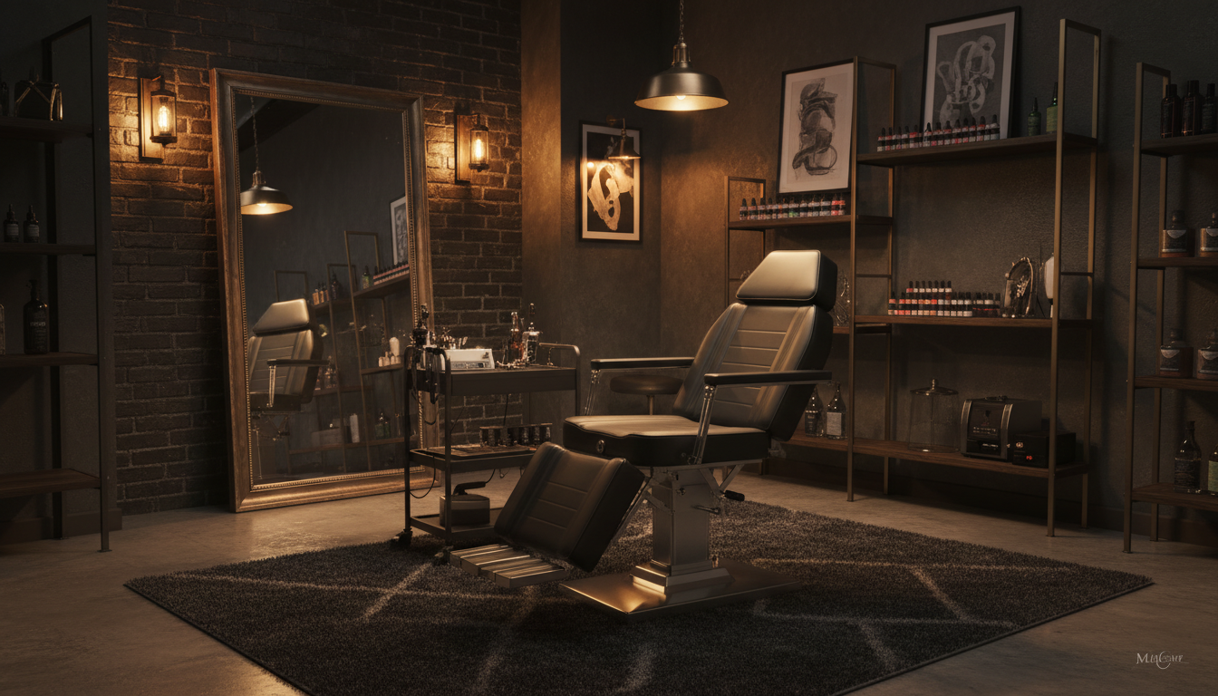 Luxury tattoo studio interior with dramatic lighting