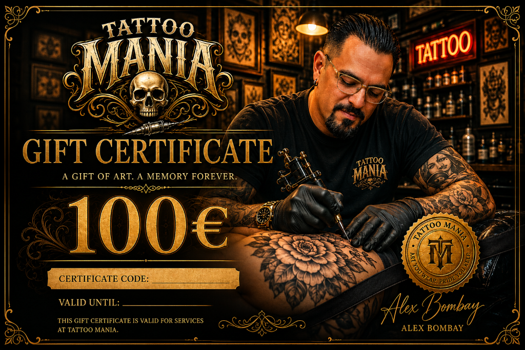 Tattoo Mania Studio Gift Certificate — Alex Bombay Tattoos Athlone gift vouchers €100 to €1000