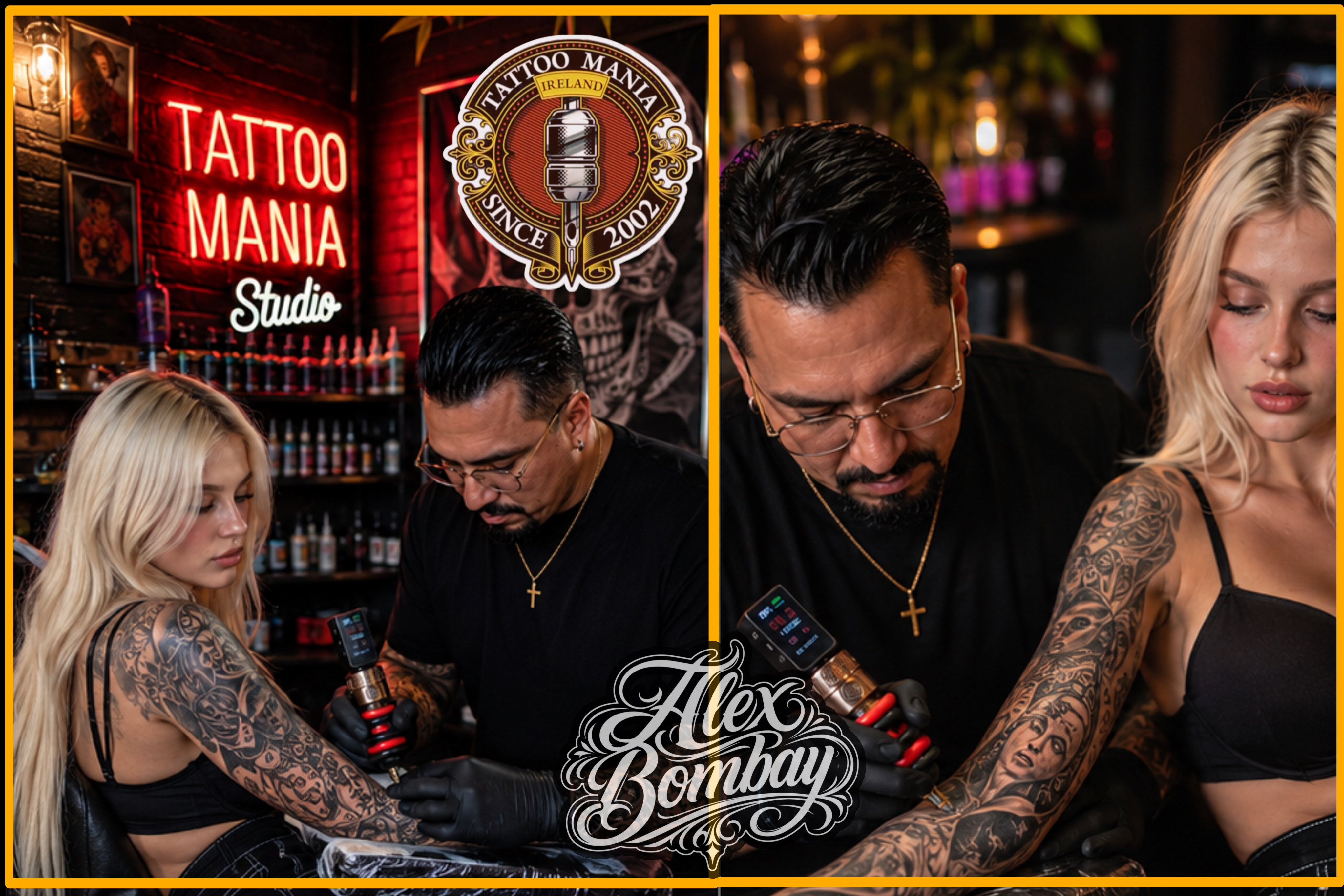 Alex Bombay tattooing a client at Tattoo Mania Studio in Athlone — studio session composite