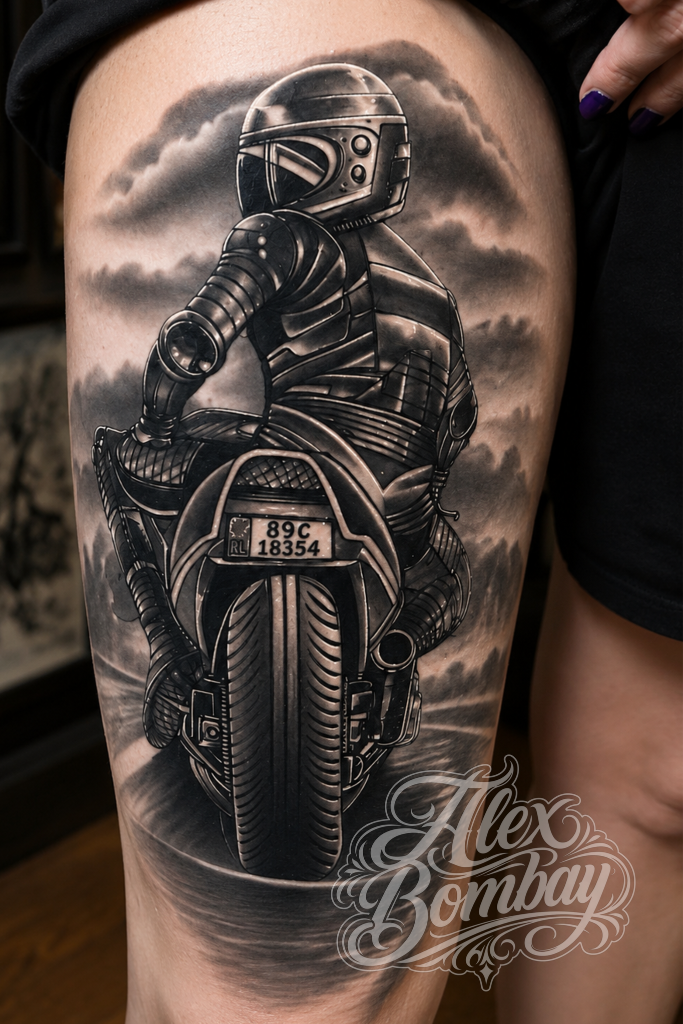 Biker motorbike memorial portrait tattoo black and grey — Alex Bombay Tattoos Athlone tattoo artist Ireland — Tattoo Mania Studio | Athlone Tattoo Studio — Best Tattoos in Ireland
