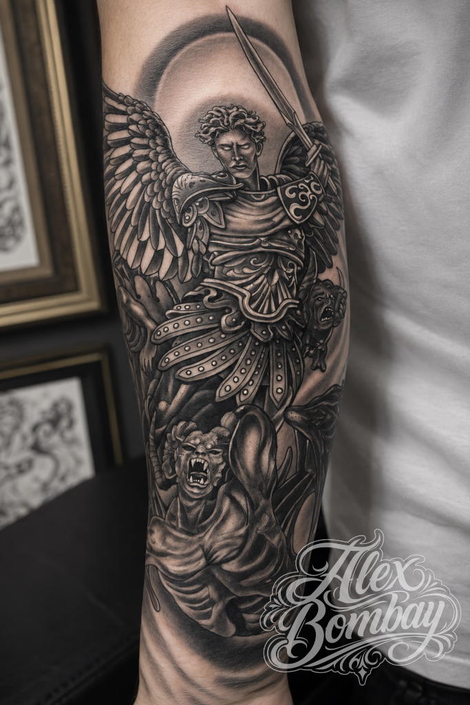 Saint Michael archangel black and grey realism tattoo — Alex Bombay Tattoos Athlone tattoo — religious tattoos Ireland — Tattoo Mania Studio | Athlone Tattoo Studio — Best Tattoos in Ireland