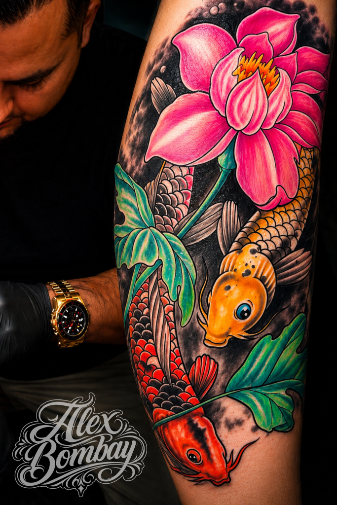 Koi fish leg sleeve tattoo black and grey by Alex Bombay — Tattoo Mania Studio Athlone Ireland | Athlone Tattoo Studio / Tattooing By Alex Bombay — Keeping The World Colorful Since 1982