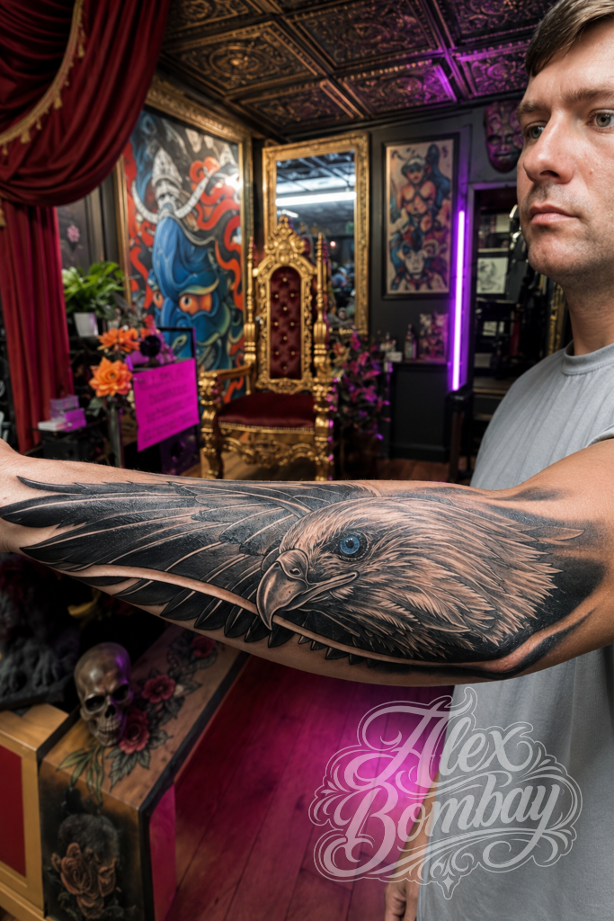 Eagle black and grey realism sleeve tattoo — Alex Bombay Tattoos Athlone tattoo — wildlife tattoos Ireland — Tattoo Mania Studio | Athlone Tattoo Studio — Best Tattoos in Ireland
