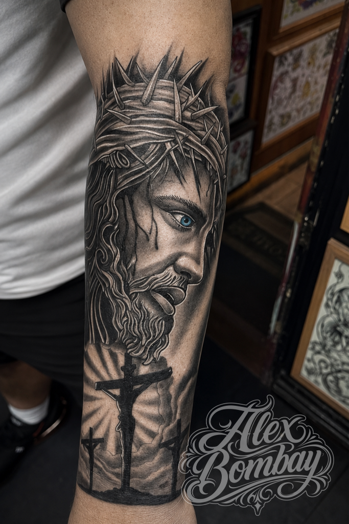 Black and grey realism Jesus tattoo sleeve by Alex Bombay — Tattoo Mania Studio Athlone Ireland | Athlone Tattoo Studio / Tattooing By Alex Bombay — Keeping The World Colorful Since 1982