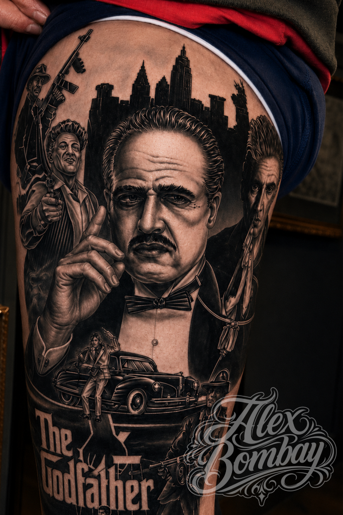Godfather movie portrait black and grey realism leg sleeve tattoo — Alex Bombay Tattoos Athlone tattoo — custom tattoos Ireland — Tattoo Mania Studio | Athlone Tattoo Studio — Best Tattoos in Ireland
