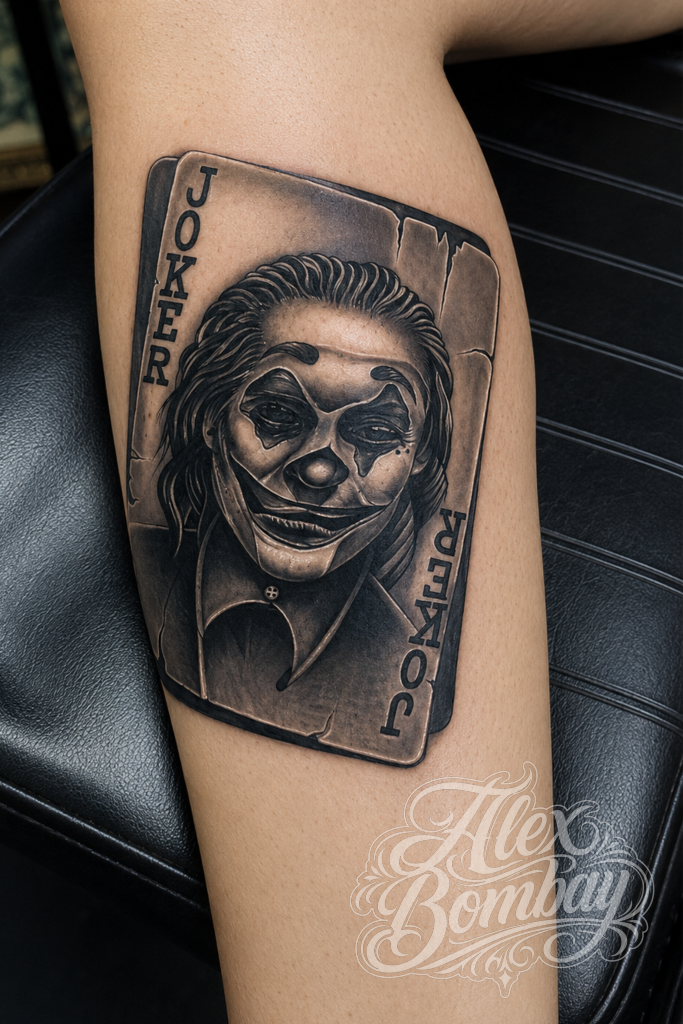 Joker portrait black and grey realism tattoo sleeve — Alex Bombay Tattoos Athlone tattoo — movie character tattoos Ireland — Tattoo Mania Studio | Athlone Tattoo Studio — Best Tattoos in Ireland