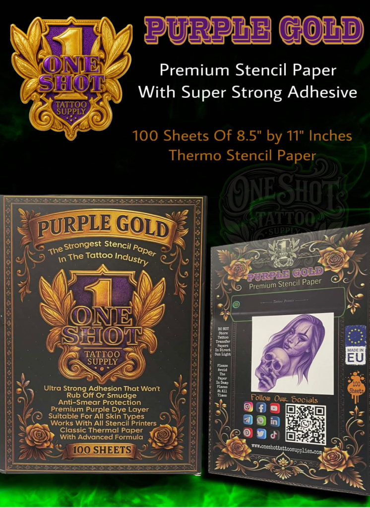 ONE SHOT Purple Gold Premium Tattoo Stencil Paper 100 Sheets - One Shot Tattoo Supply - Tattoo Mania Studio Ireland