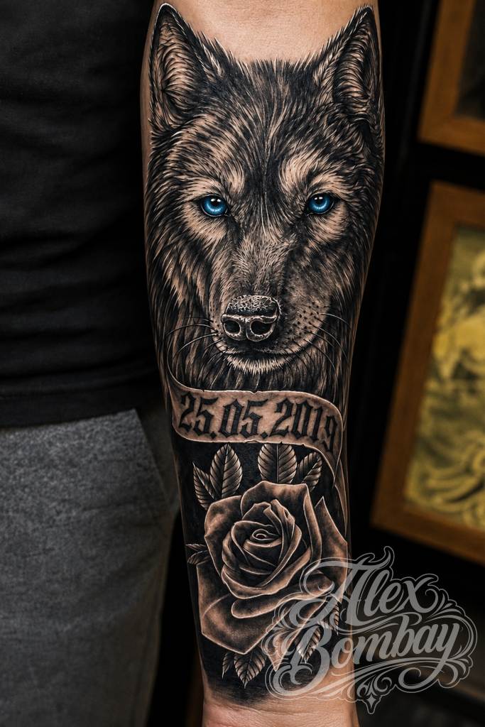 Rose and wolf black and grey realism sleeve tattoo — Alex Bombay Tattoos Athlone tattoo — realistic tattoos Ireland — Tattoo Mania Studio Westmeath | Athlone Tattoo Studio — Best Tattoos in Ireland