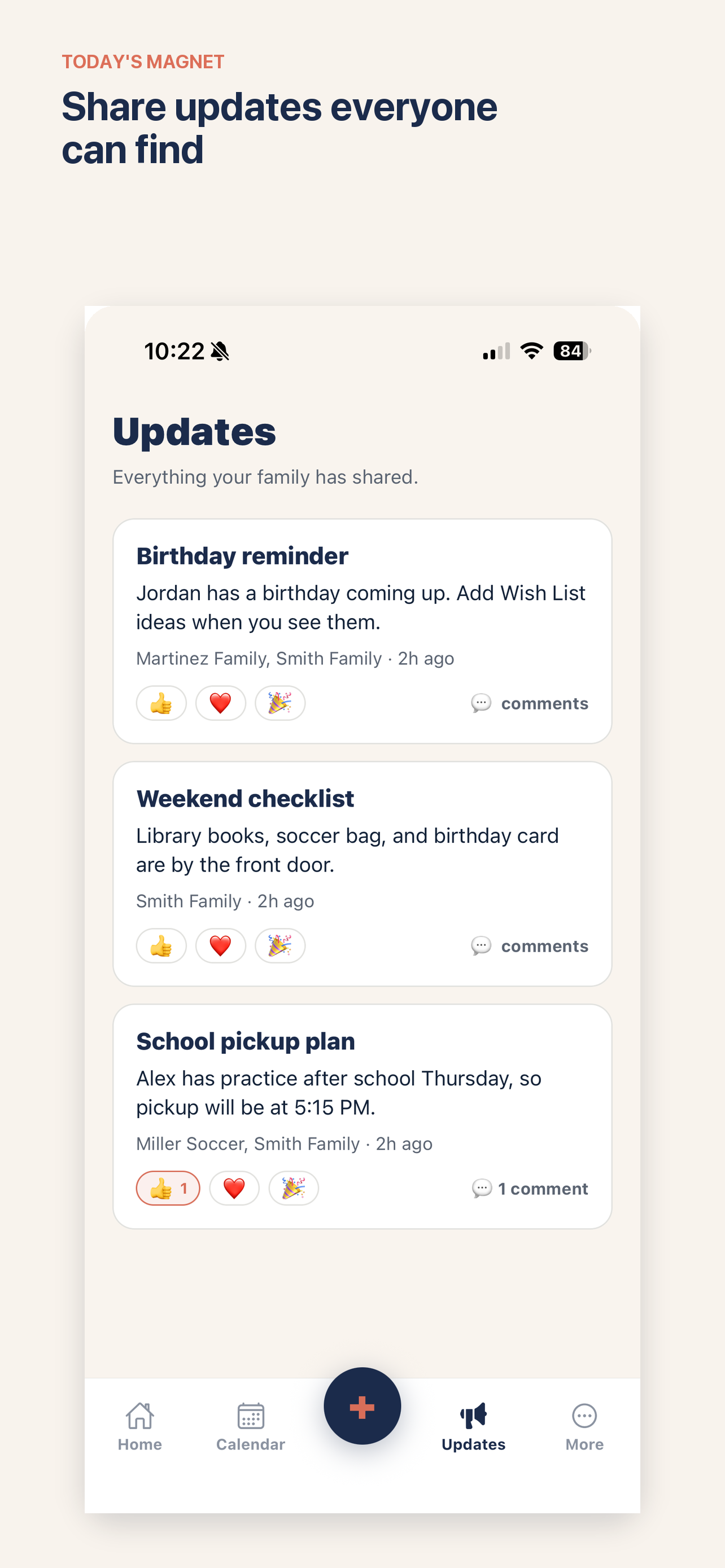 Today's Magnet Updates feed showing a birthday reminder, weekend checklist, and school pickup plan posted to family circles.