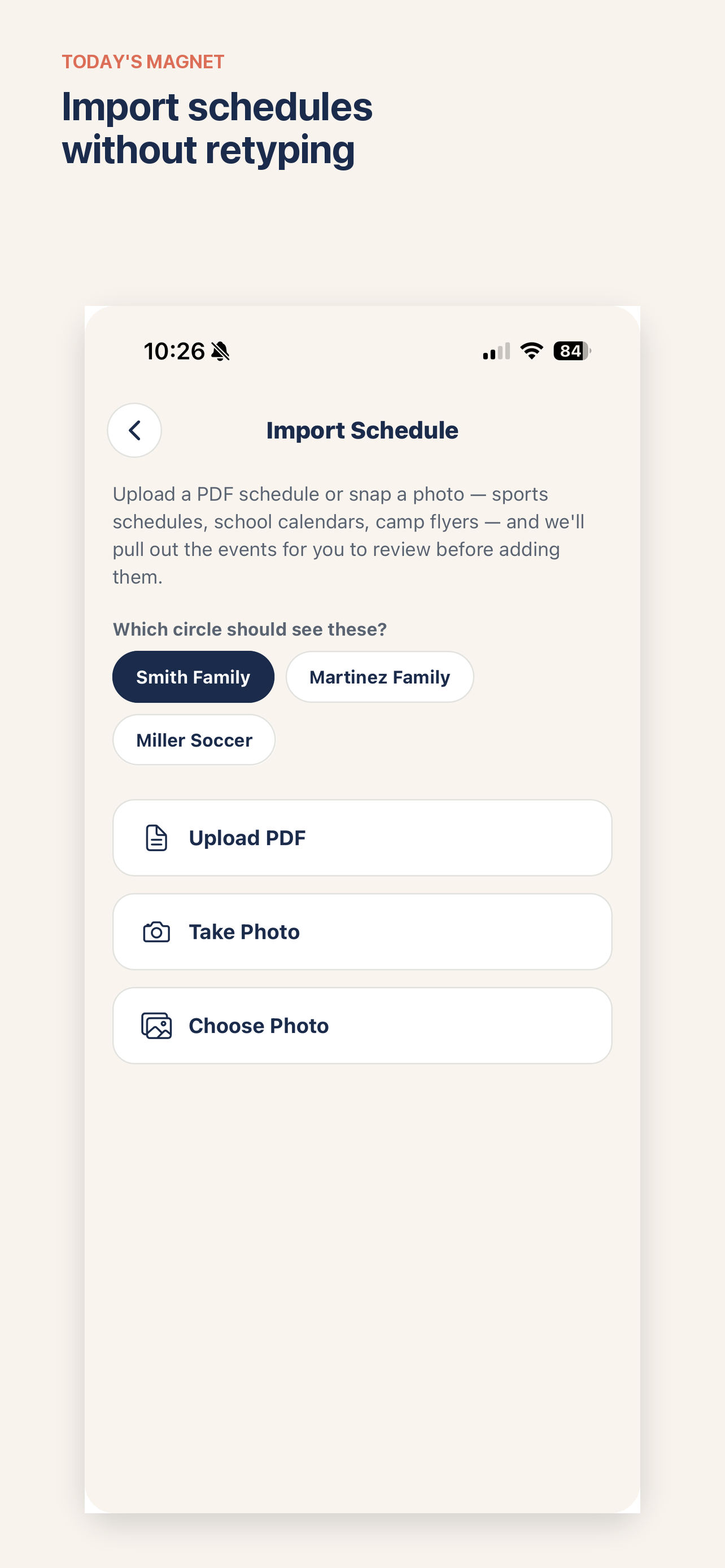 Today's Magnet Import Schedule screen for uploading a PDF or photo to extract events automatically.