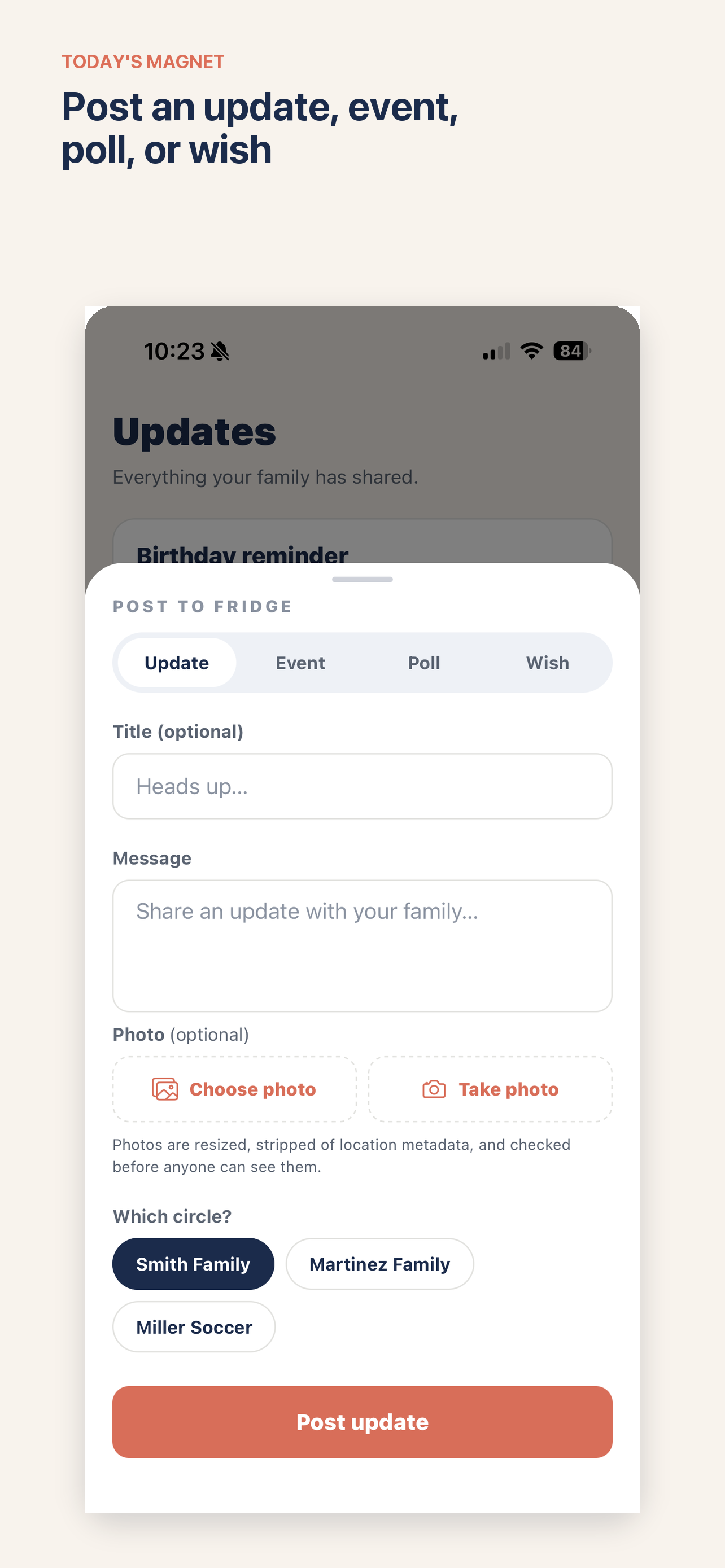 Today's Magnet Post to Fridge modal with segmented controls for Update, Event, Poll, and Wish, and a circle selector.
