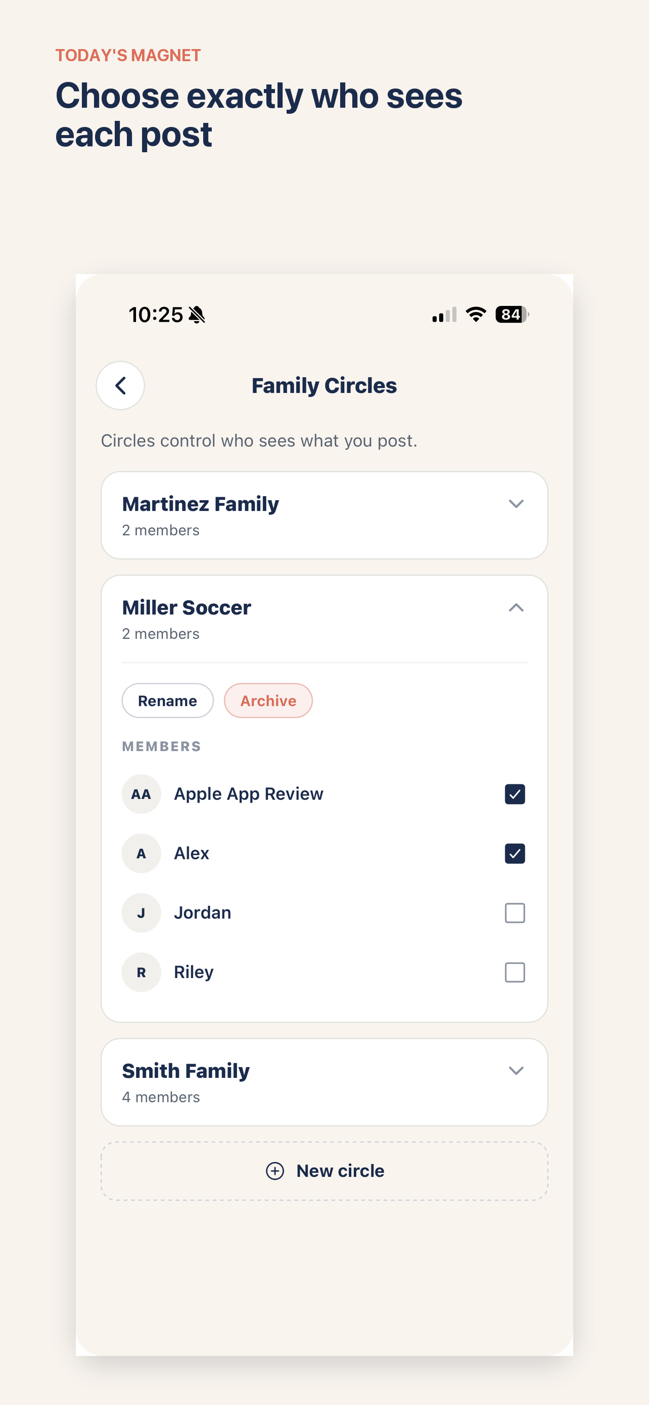 Today's Magnet Family Circles screen showing the Miller Soccer circle expanded with member management and rename/archive actions.