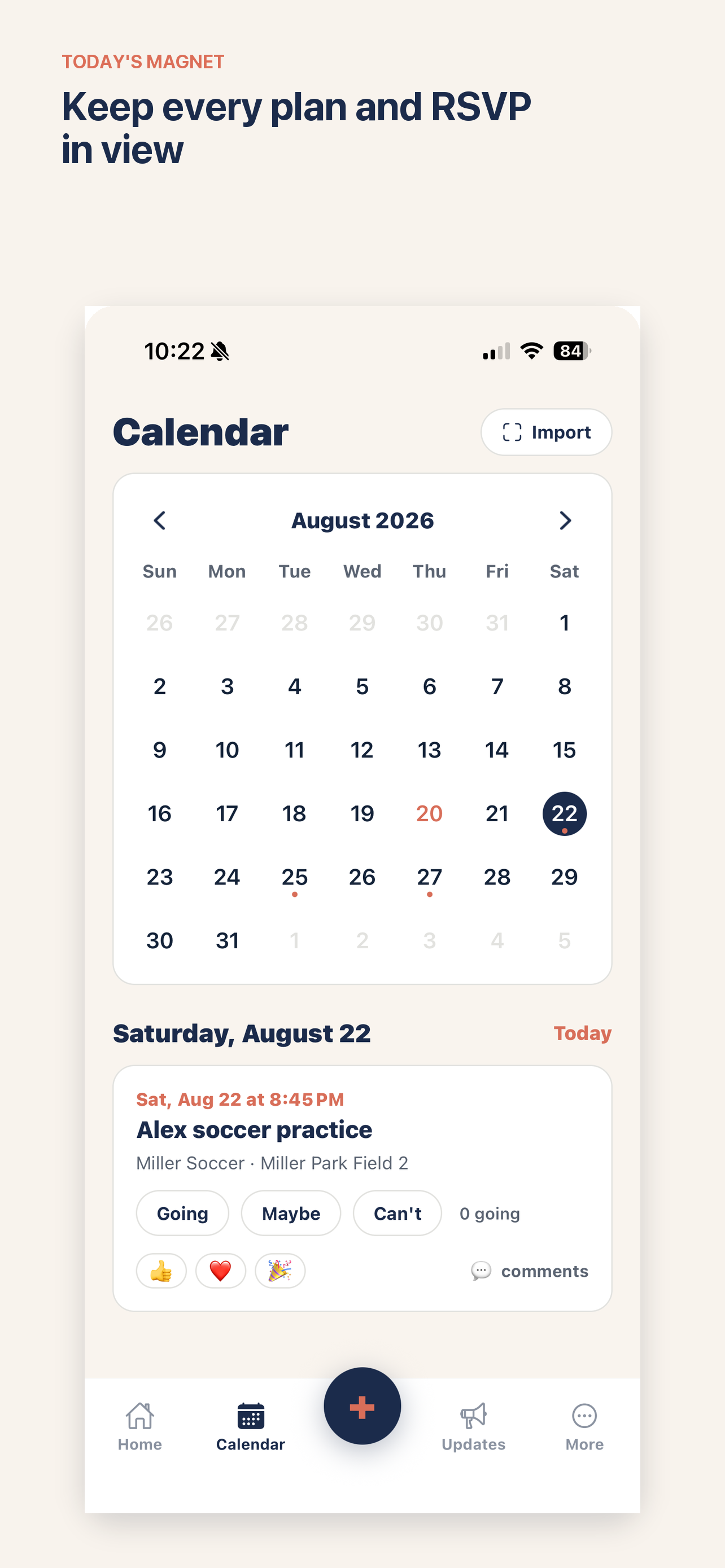 Today's Magnet calendar view for August 2026 with a selected date and an event detail card showing Alex's soccer practice.