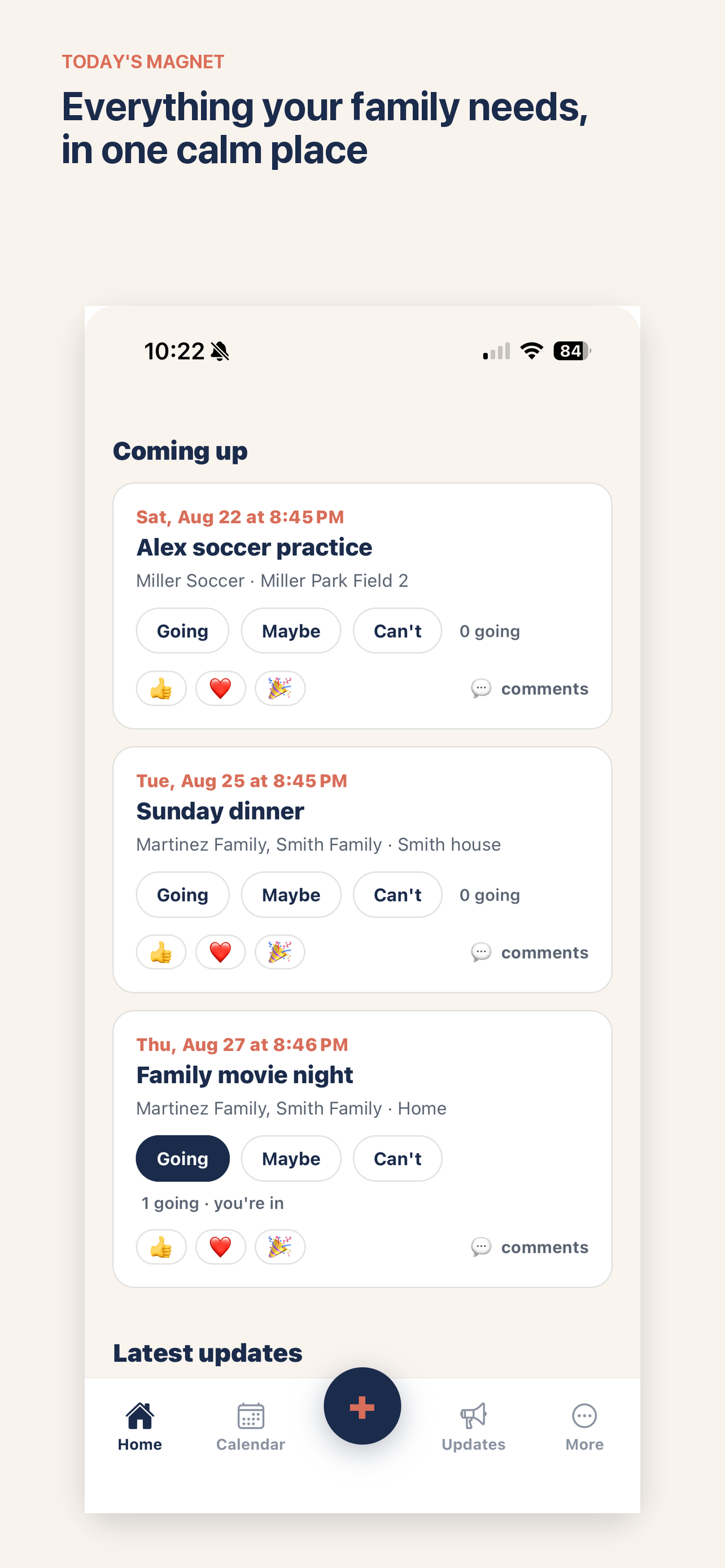 Today's Magnet Coming Up feed showing event cards for Alex's soccer practice, Sunday dinner, and family movie night with RSVP buttons.