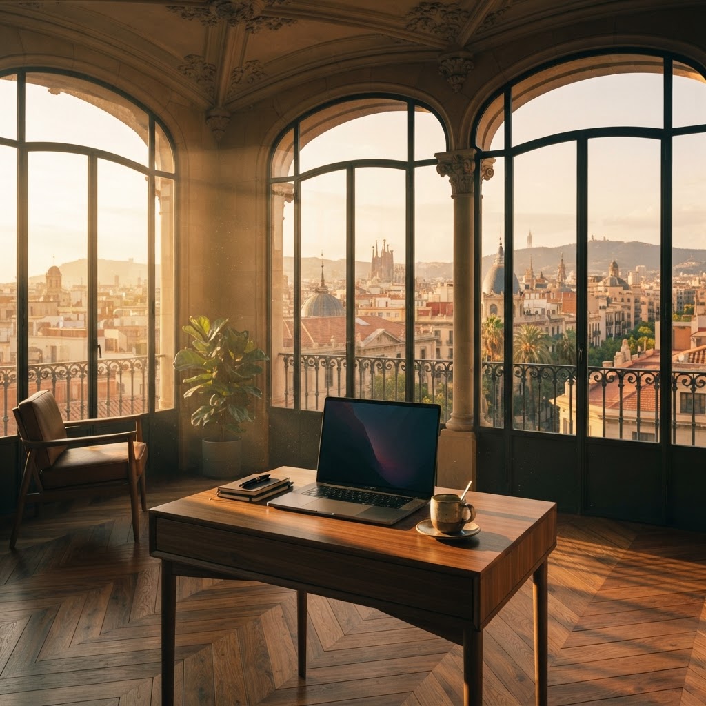 Cinematic view of a modernista Barcelona office at golden hour
