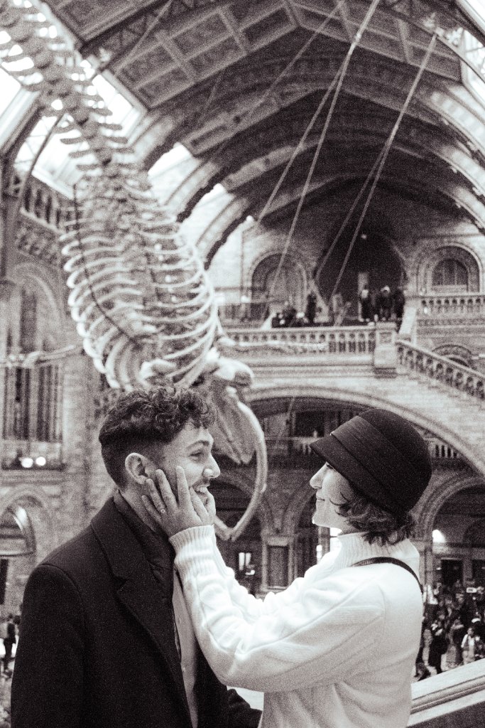 Couple at Natural History Museum black and white