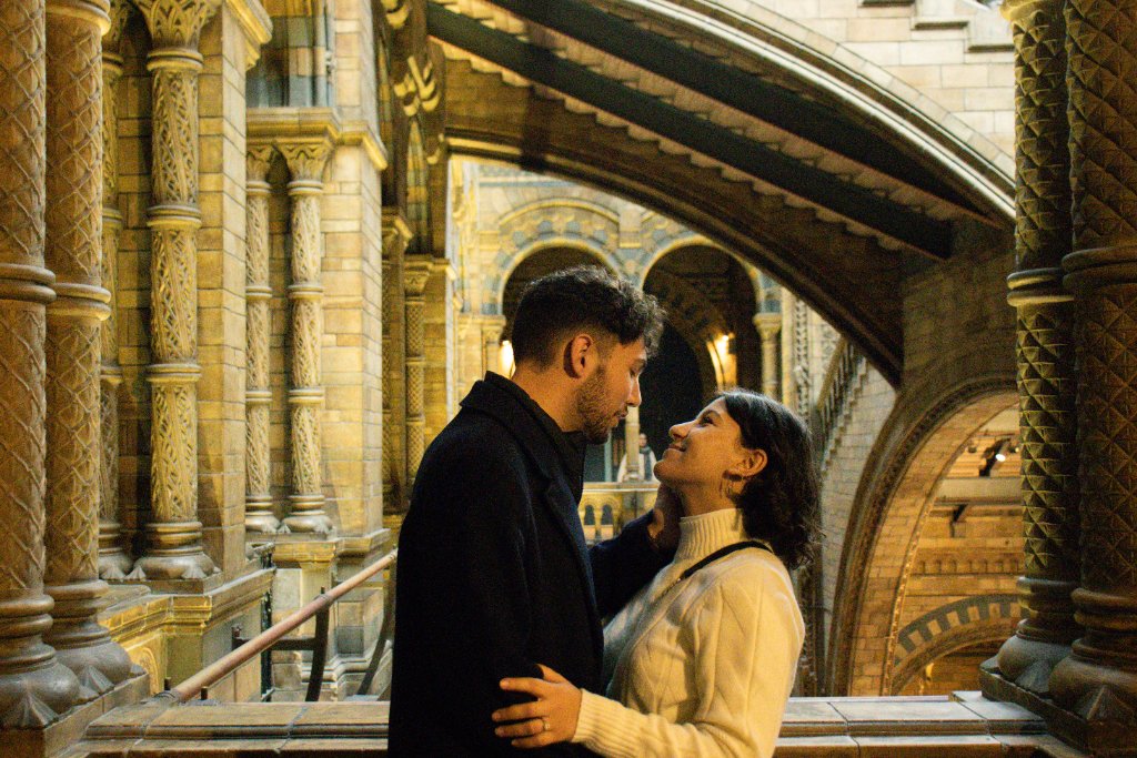 Couple embracing at Natural History Museum
