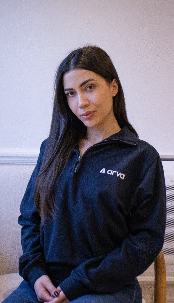 Professional portrait with branded hoodie