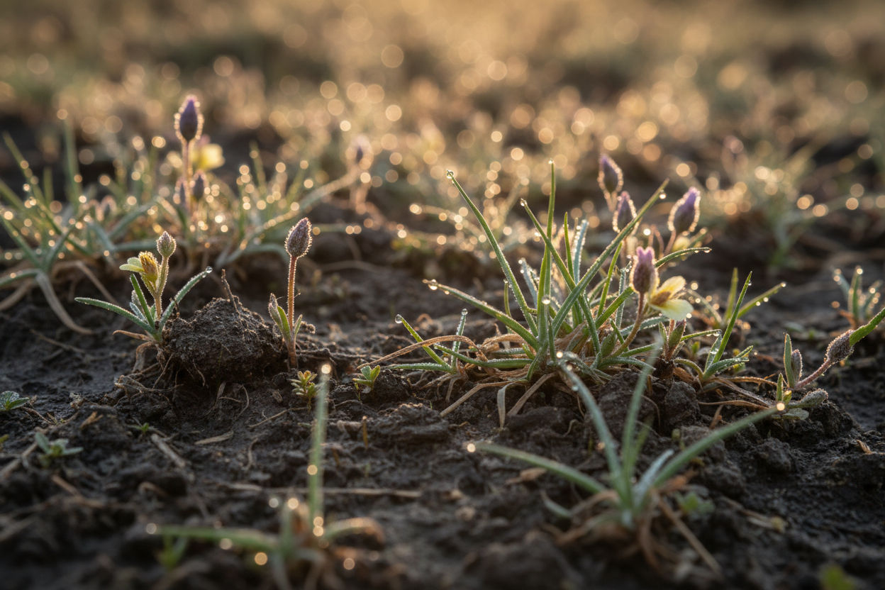 Macro detail of rich dark soil with native grasses and morning dew