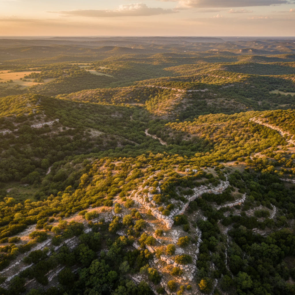 Aerial view of Texas Hill Country ridgeline at golden hour