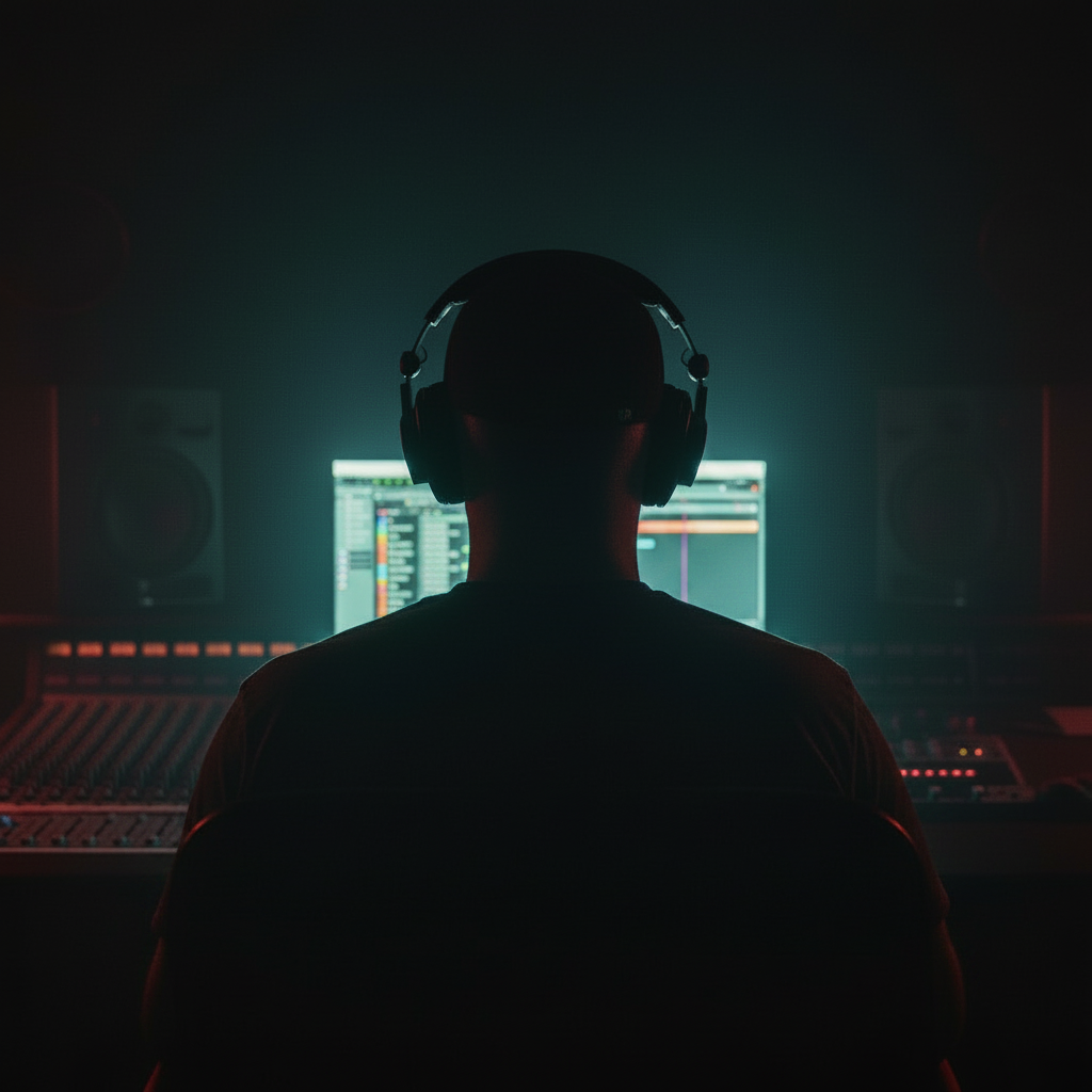 Artist silhouette in a haze-filled studio