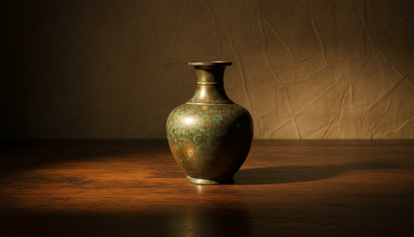 Antique apothecary vessel illuminated by candlelight