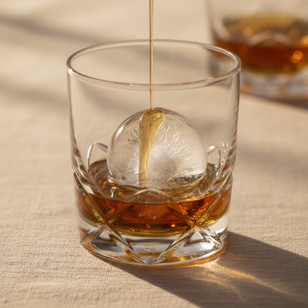 Macro photograph of a crystal-clear spherical ice ball in a glass with amber liquid
