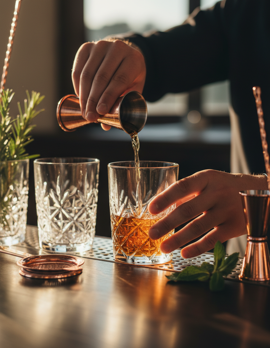 Close-up of a bartender's hands skillfully pouring from a Japanese jigger into a mixing glass under warm golden light