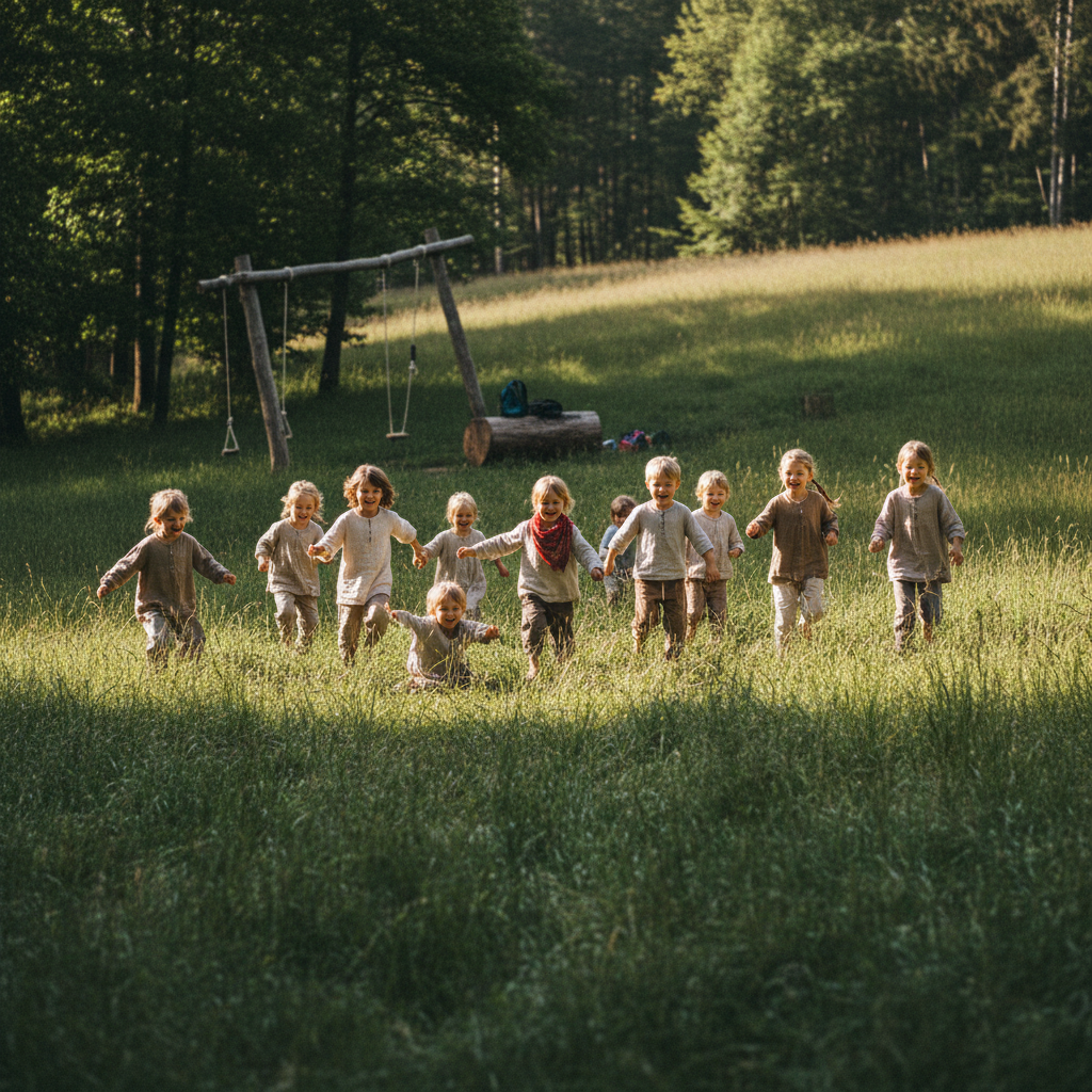 Children running free in tall green grass