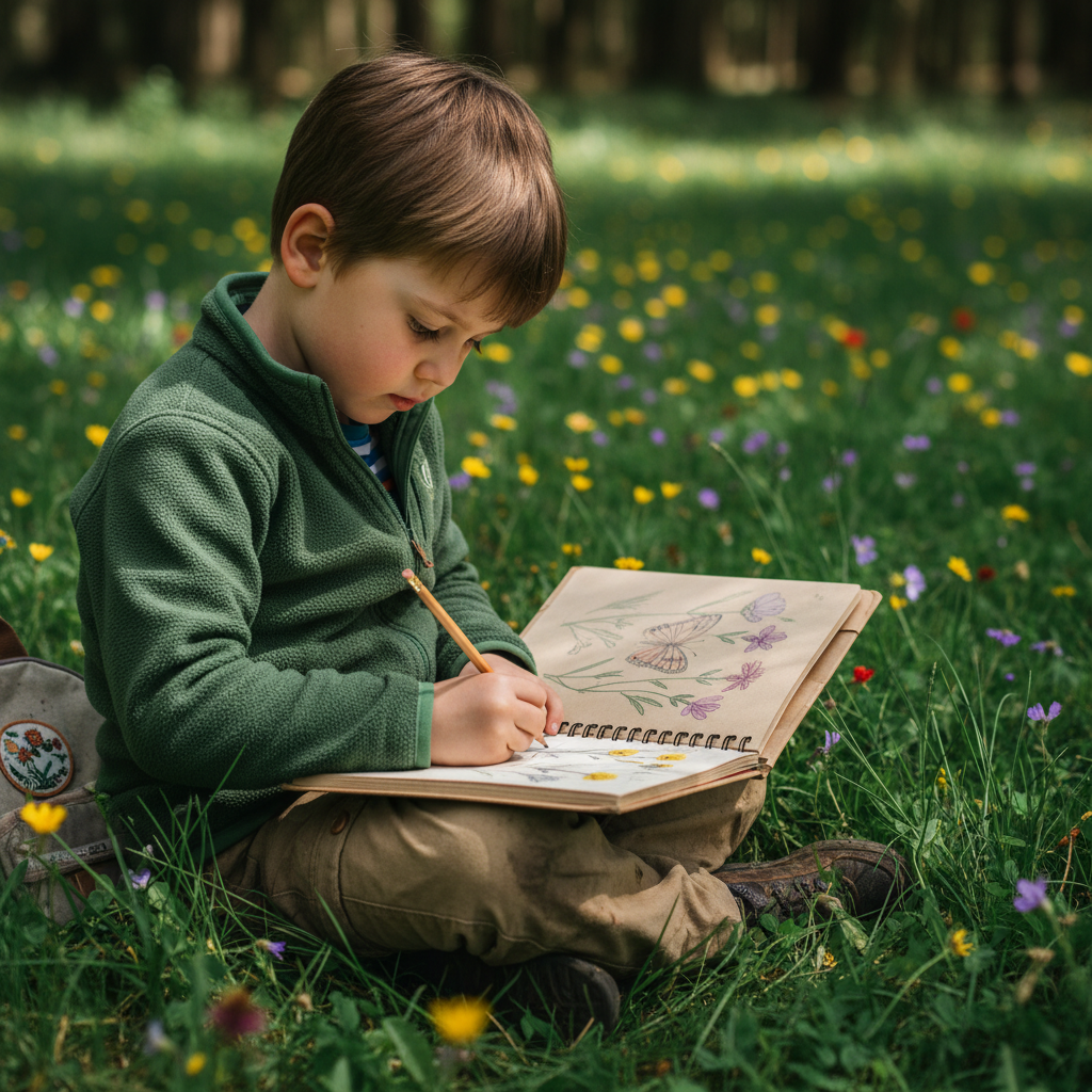 Child sketching in nature journal in the garden