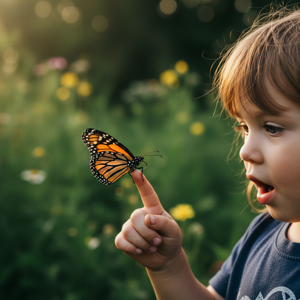 Child with a monarch butterfly