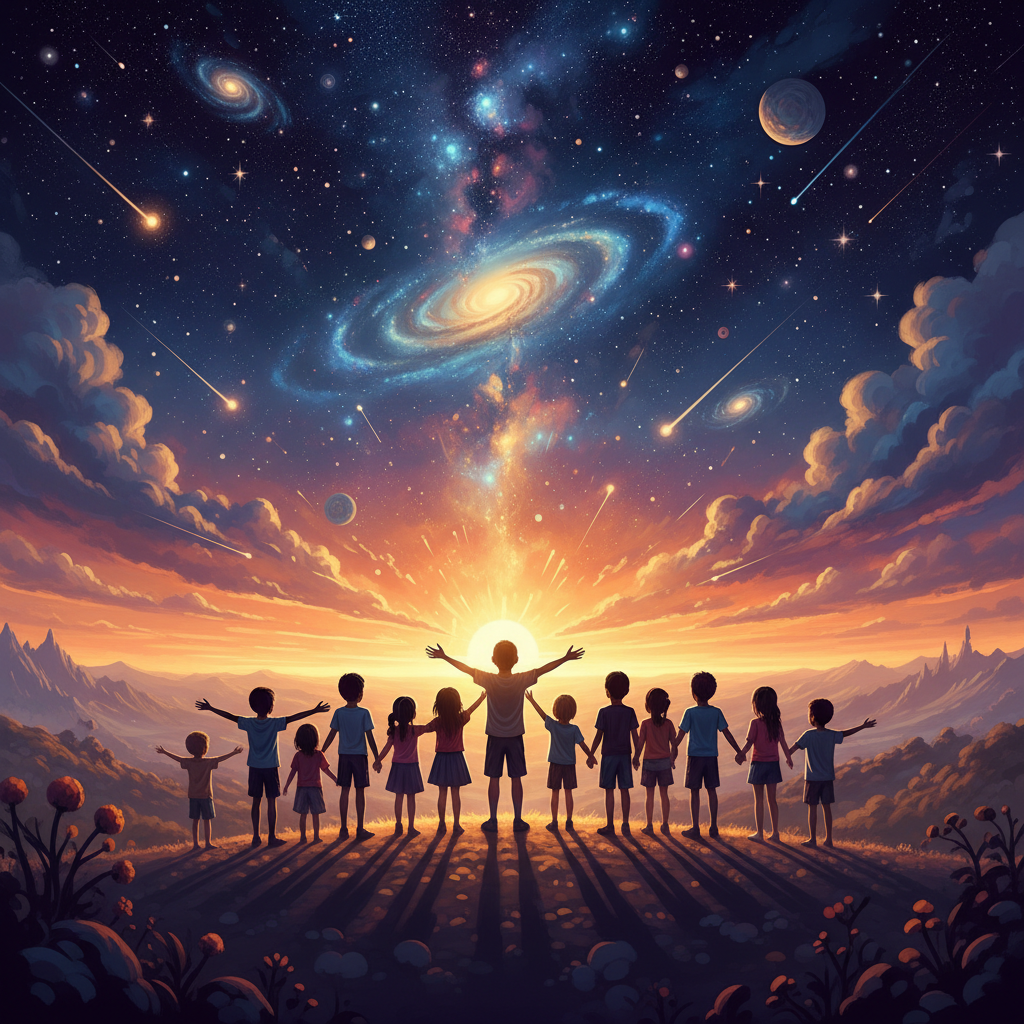 Children with arms outstretched imagining infinite new worlds at golden hour
