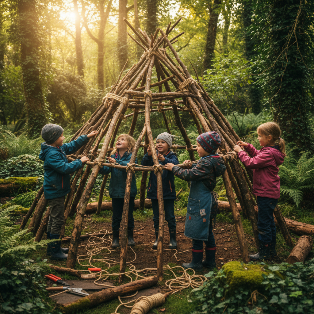 Children building a wooden structure together in a forest garden