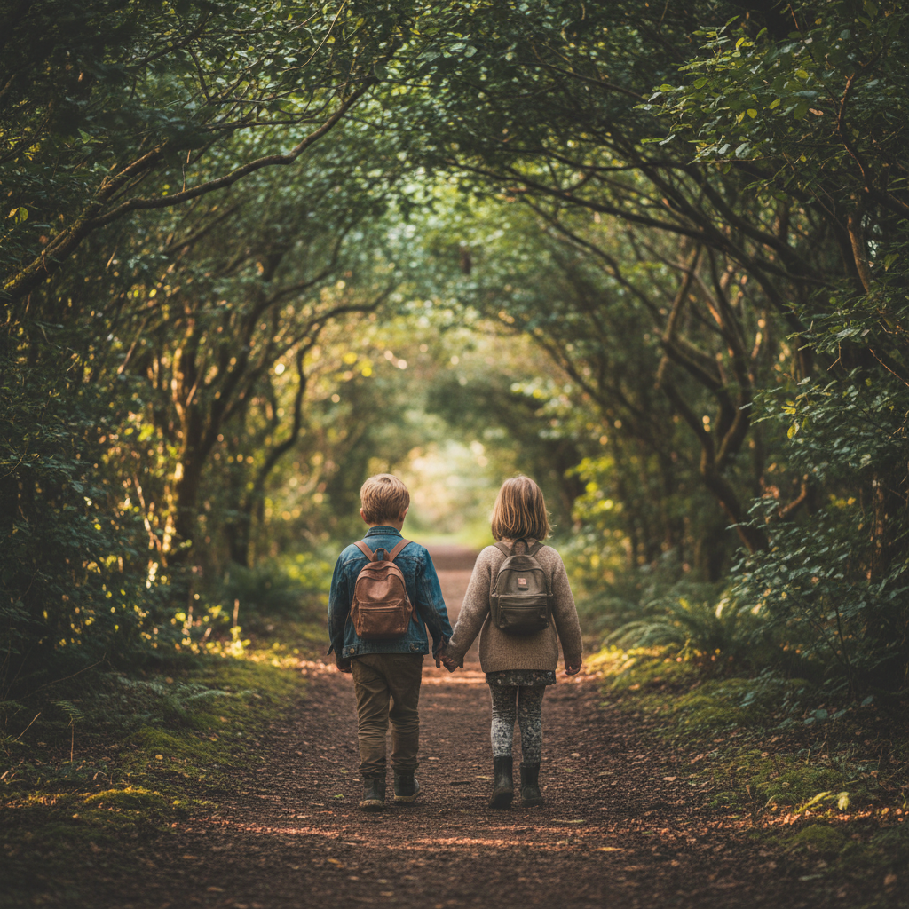 Children walking through forest together