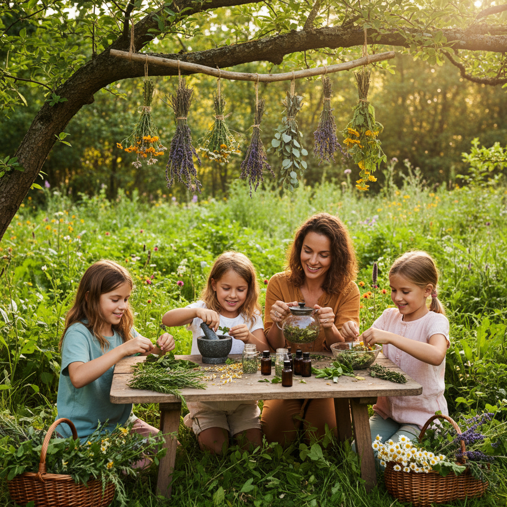 Children making herbal teas and tinctures together