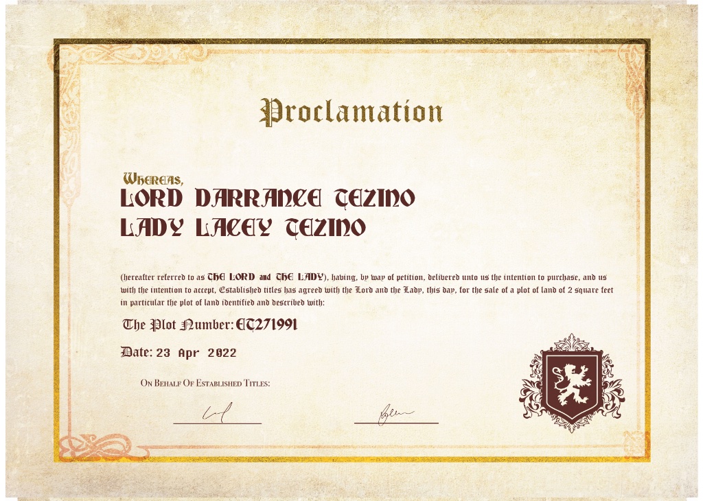 Lordship proclamation — Lord & Lady Darrance Tezino