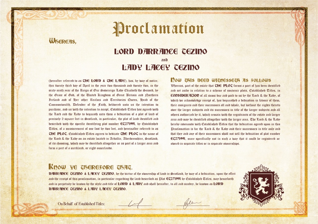 Lordship deed — Lord & Lady Darrance Tezino