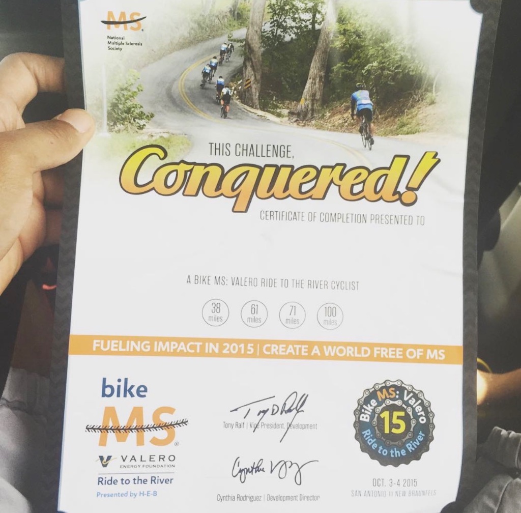 Bike MS completion certificate sponsored by H-E-B