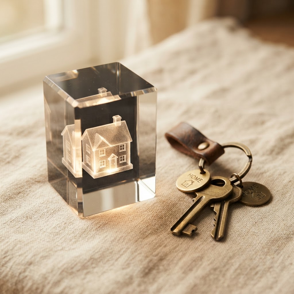 K9 engraved glass house with house keys