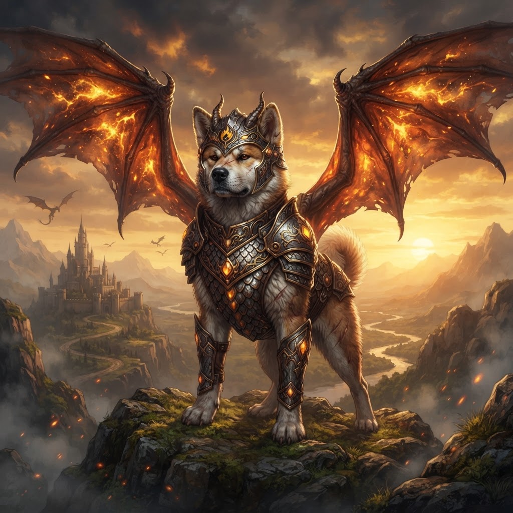 A dog reimagined as a dragon guardian