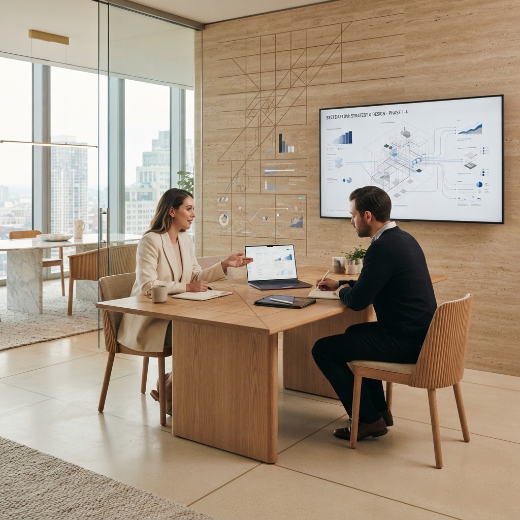 Modern consultancy workspace with geometric system diagrams