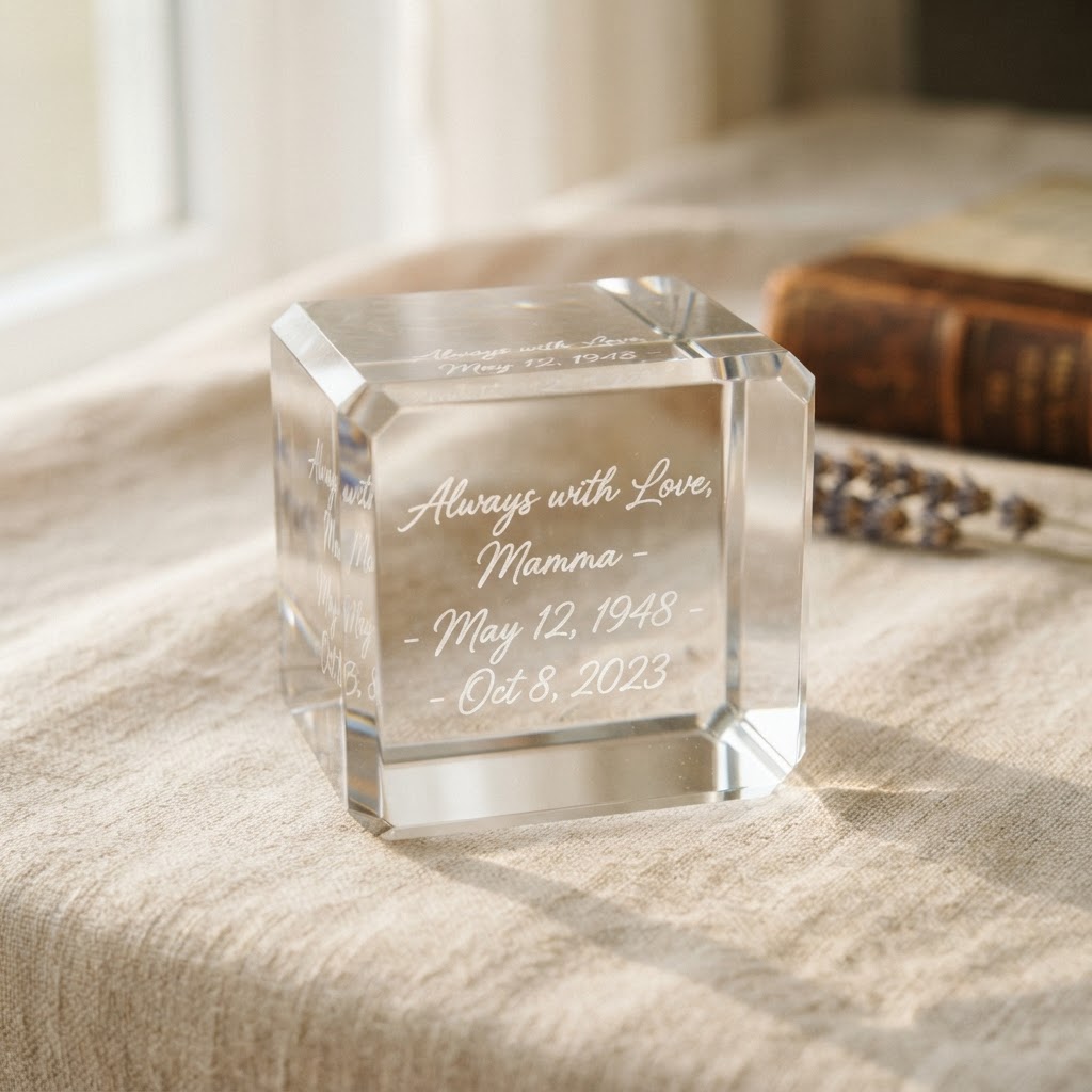 Engraved glass lantern glowing in a dark room
