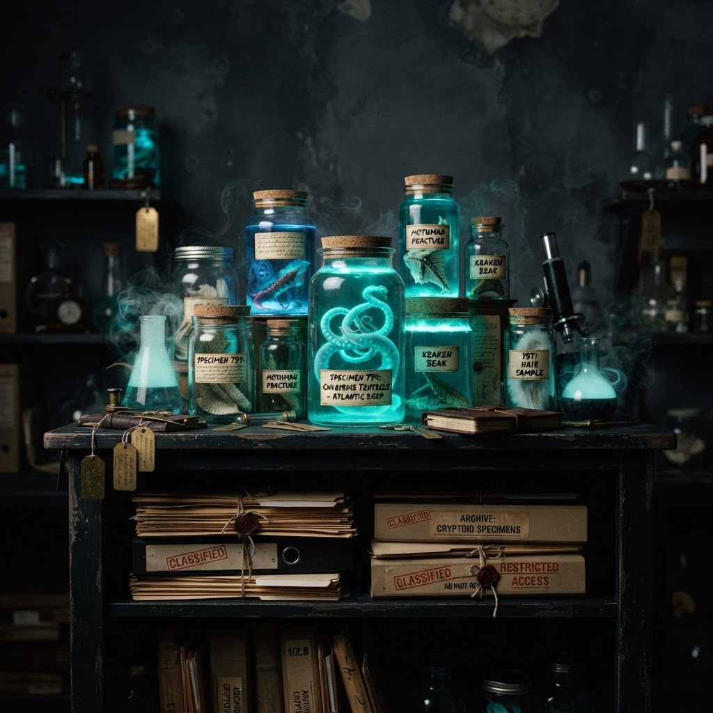 Dark cryptozoology lab with glowing specimen jars