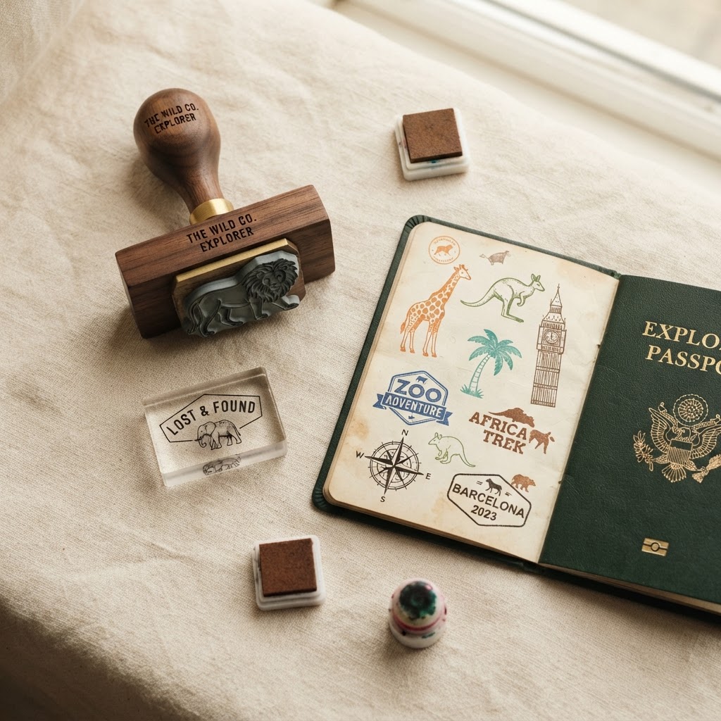 Custom rubber stamps and an open passport booklet