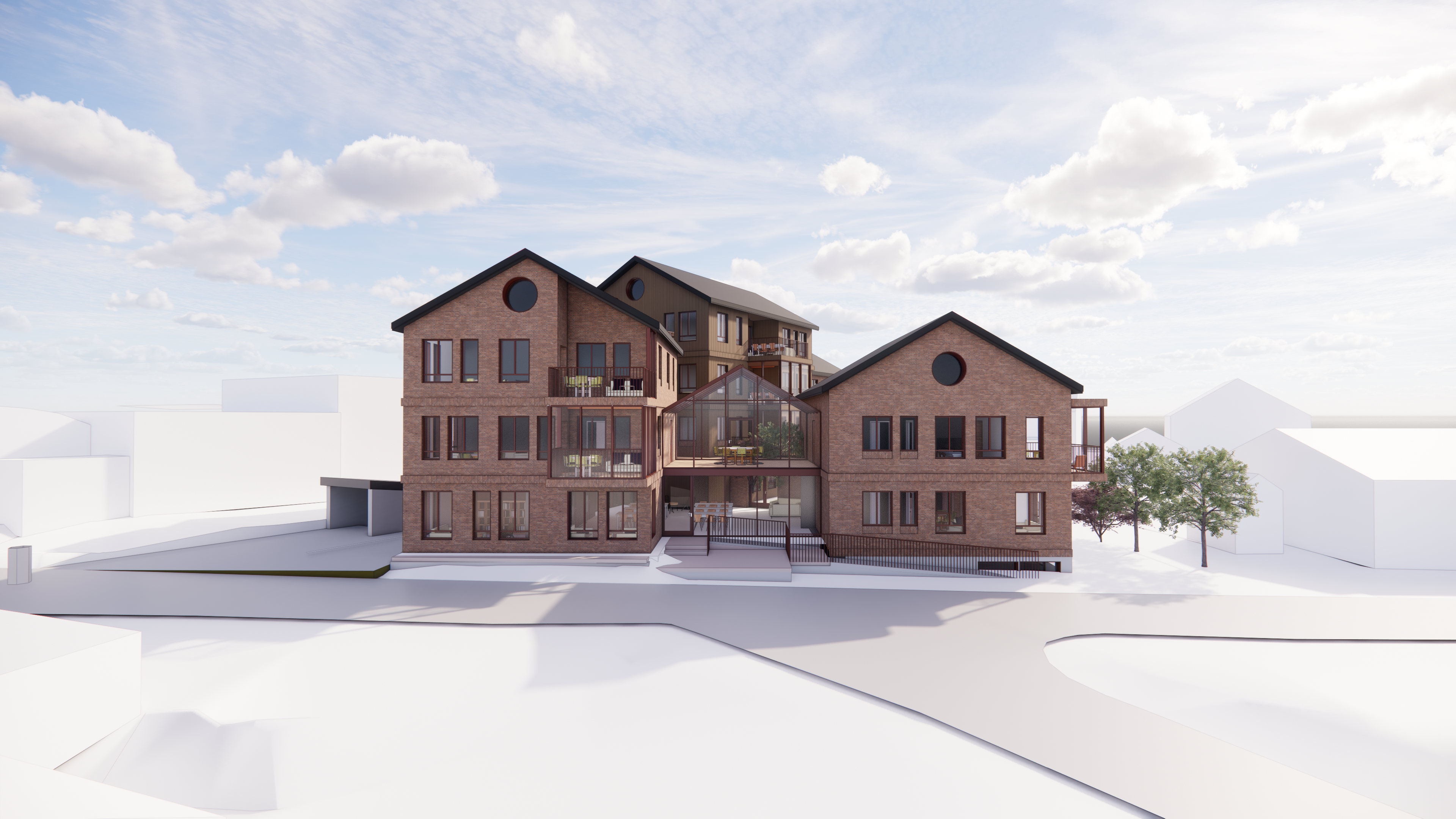 Prosjektvisualisering – fasade med innglassede terrasser og sentral vinterhage