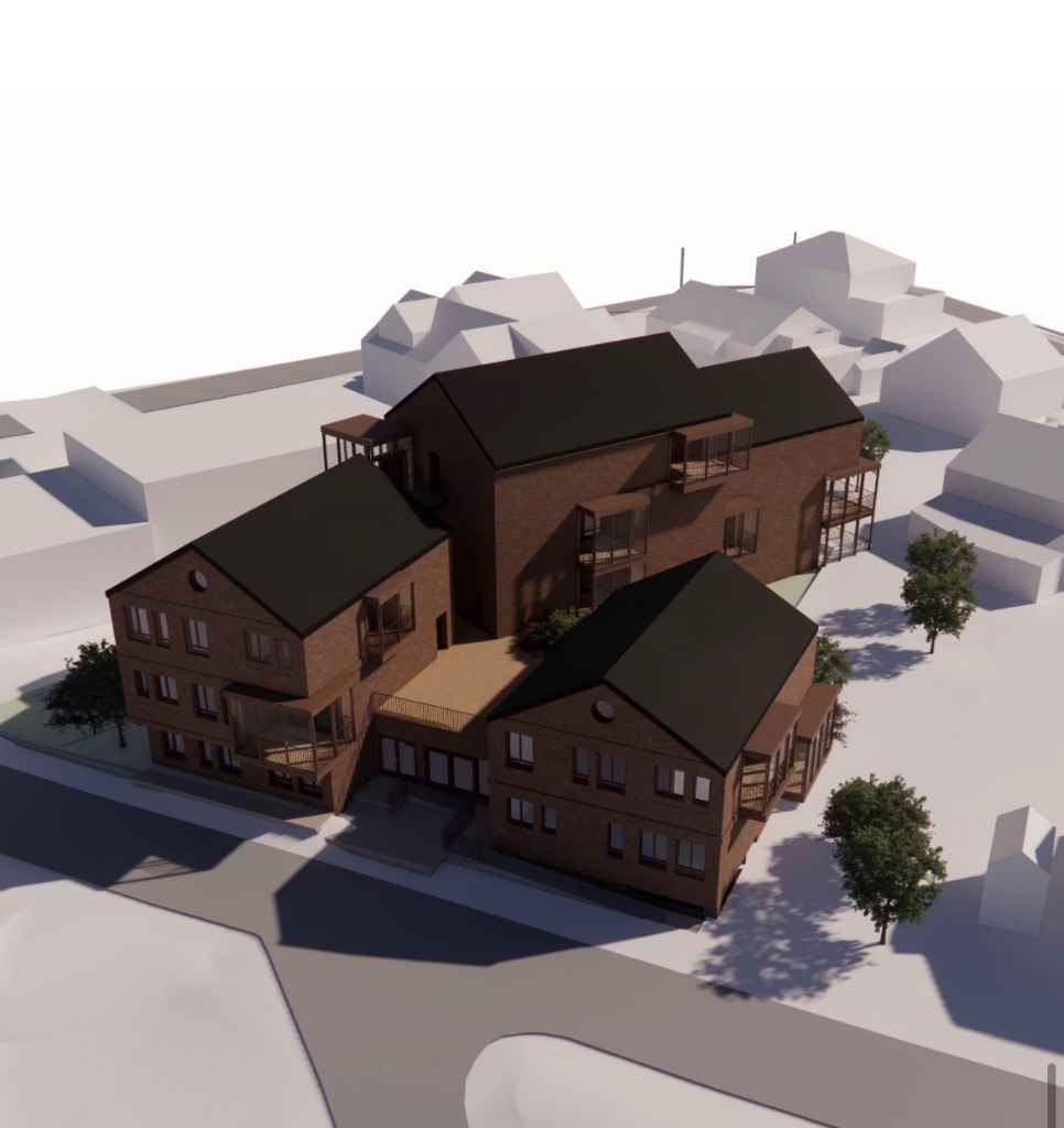 Prosjektvisualisering – overordnet bygningsvolum og materialvalg